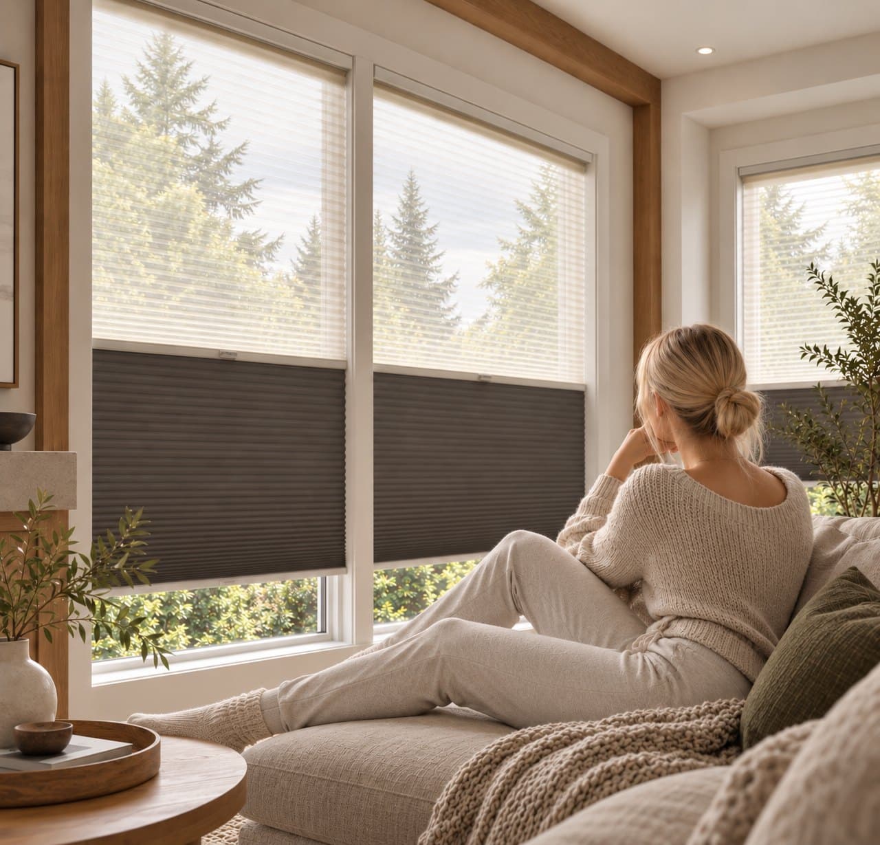 A woman relaxing on a sofa looking out through tall windows fitted with cordless Day & Night honeycomb shades, sheer above and a dark honeycomb panel below