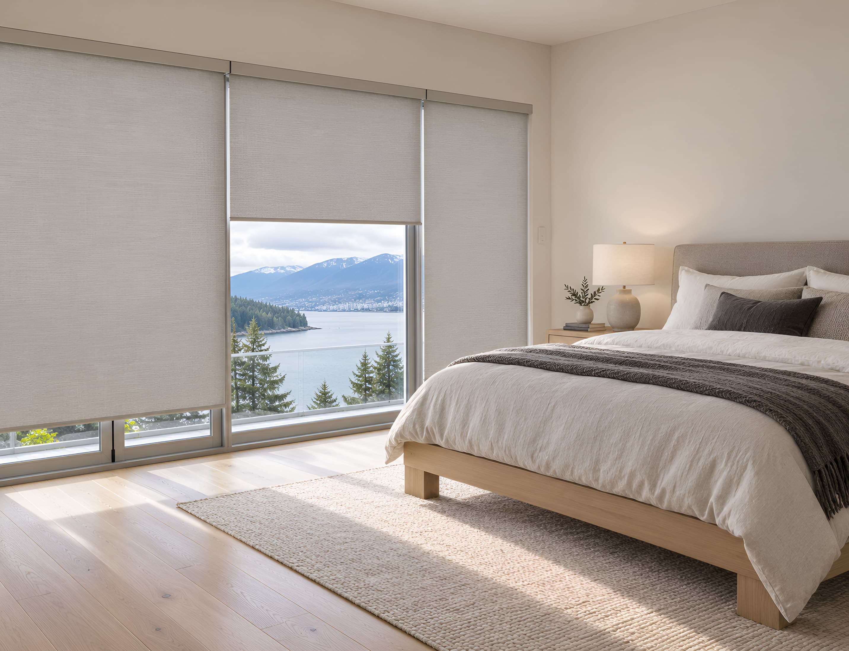 Light-filtering roller shades in a bedroom overlooking the water