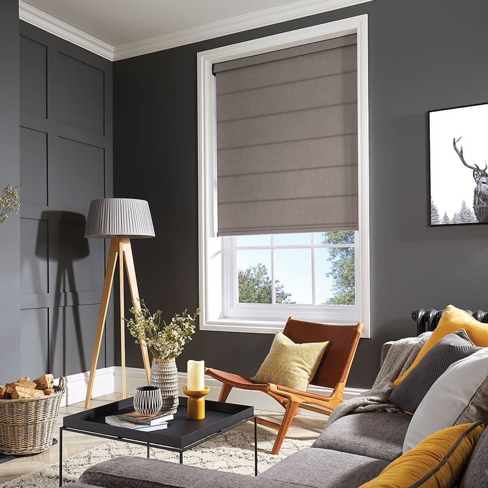 Charcoal Roman shades in a living room